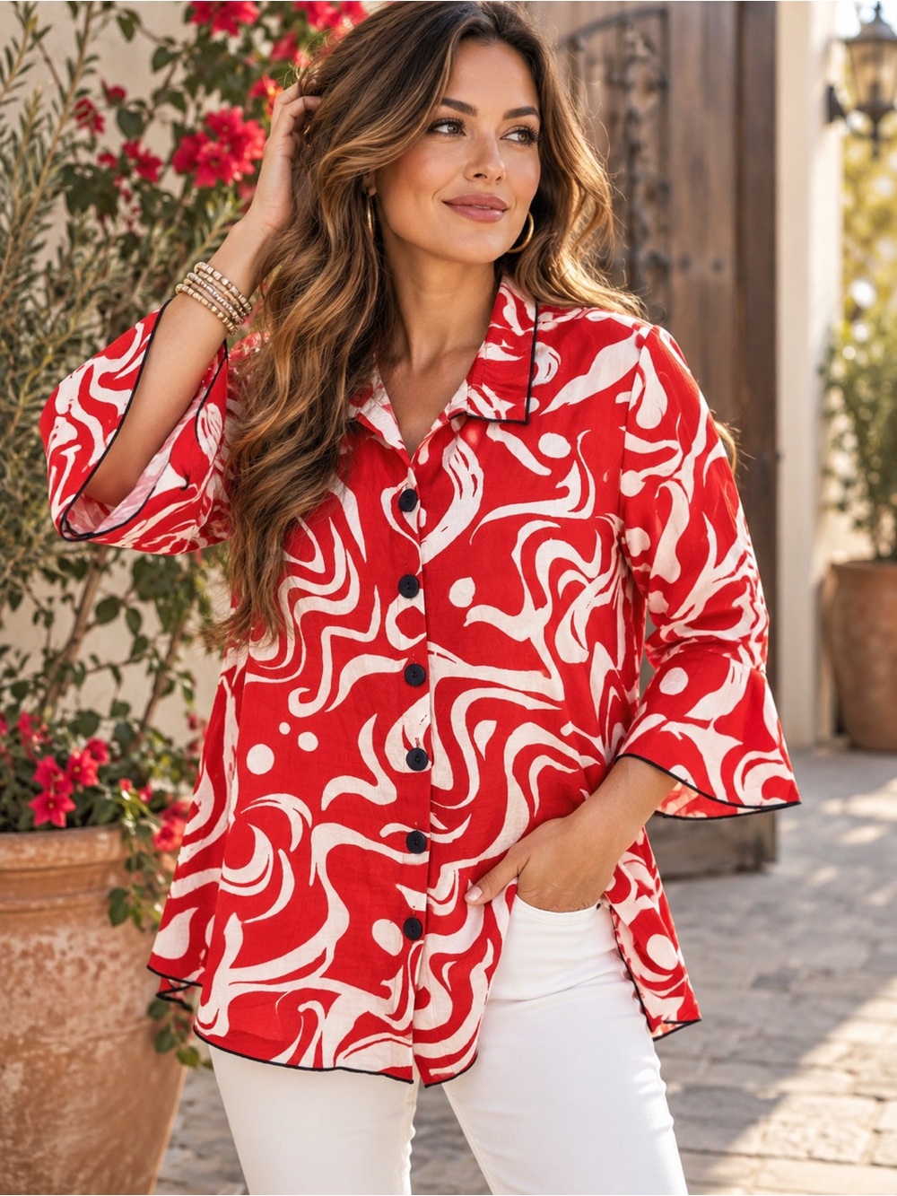 Ali Miles Red White Abstract Print Button Front Tunic Top Bell Sleeve